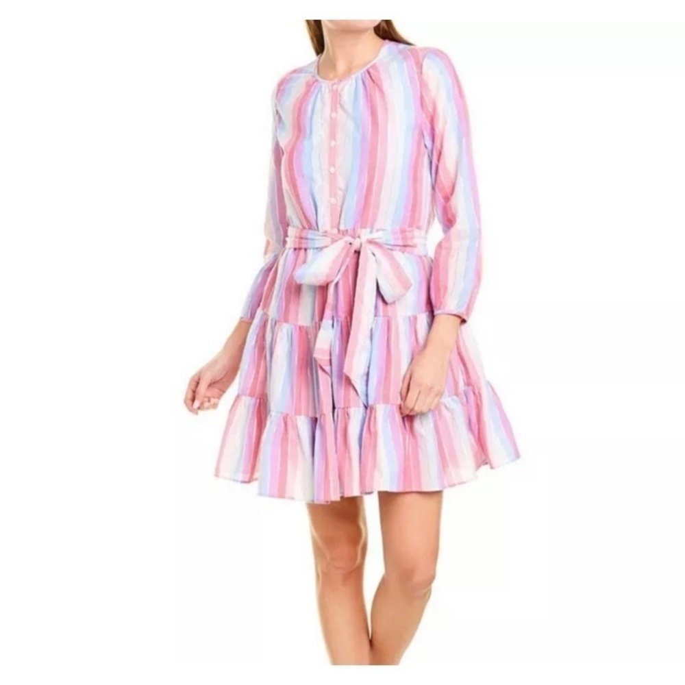 NEW JCREW Belted Button-Up Dress in Pastel Metallic Stripe